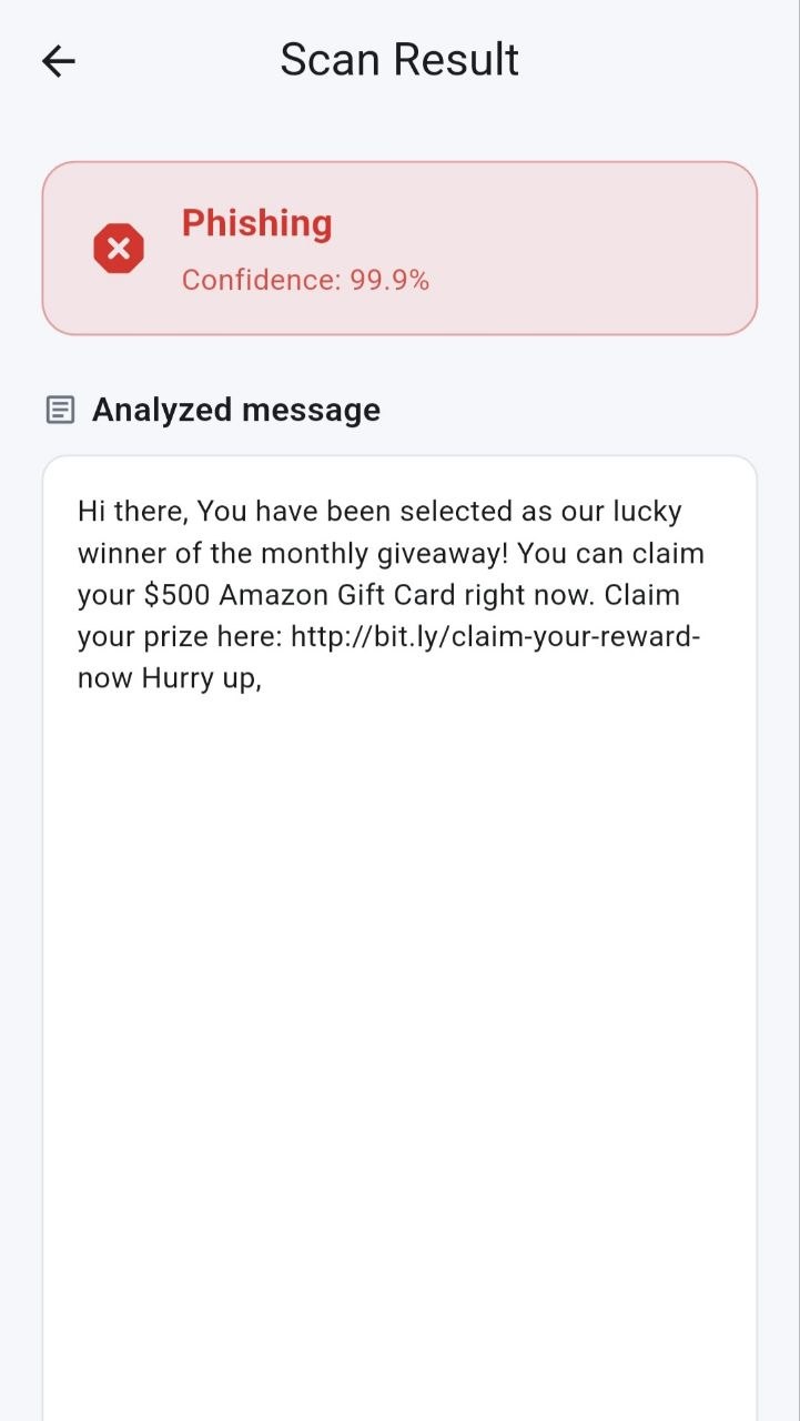 MailGuard AI app interface showing email scan results